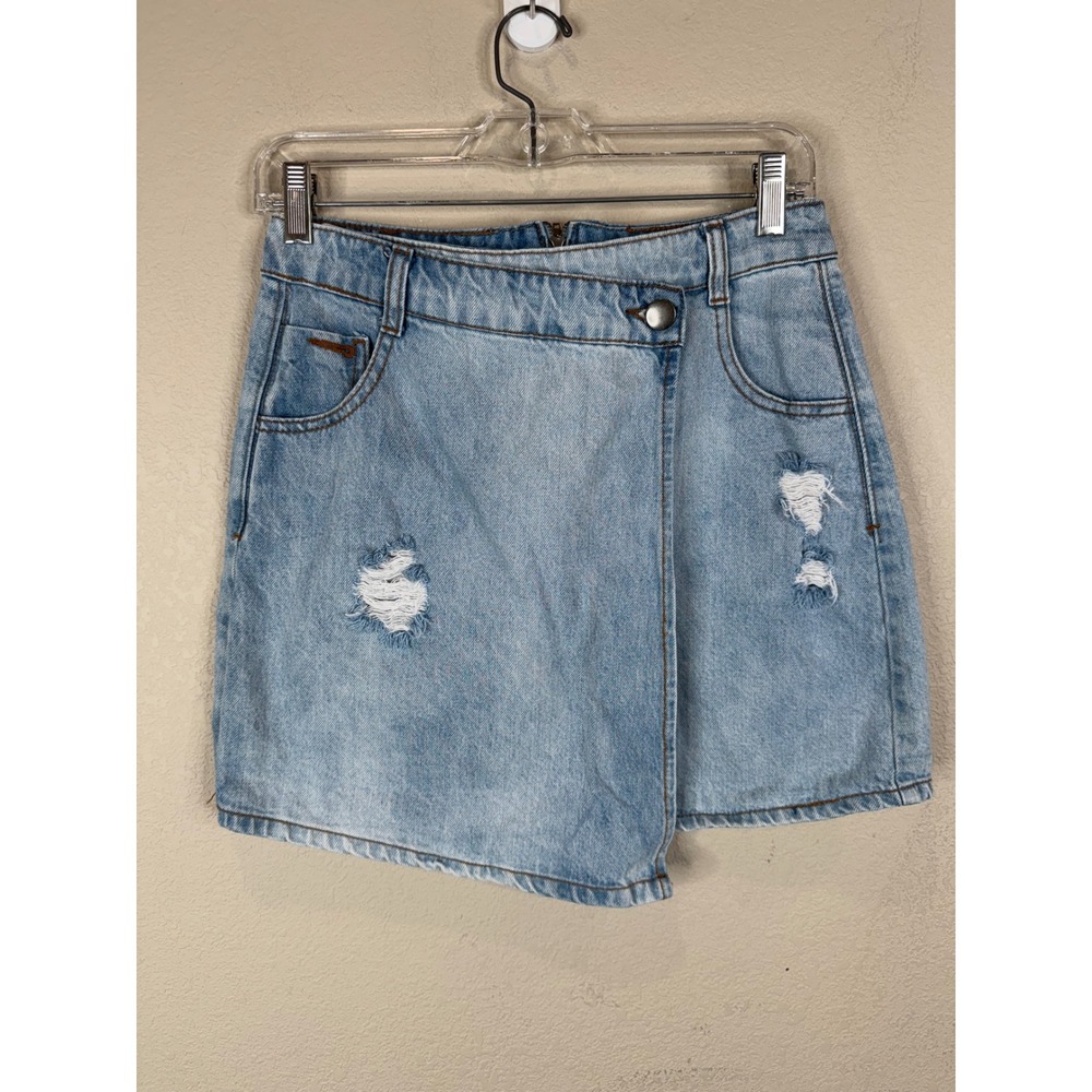 GB Light Wash Distressed Denim Asymmetrical Wrap Skort Size 5 Y2K 90s Festival